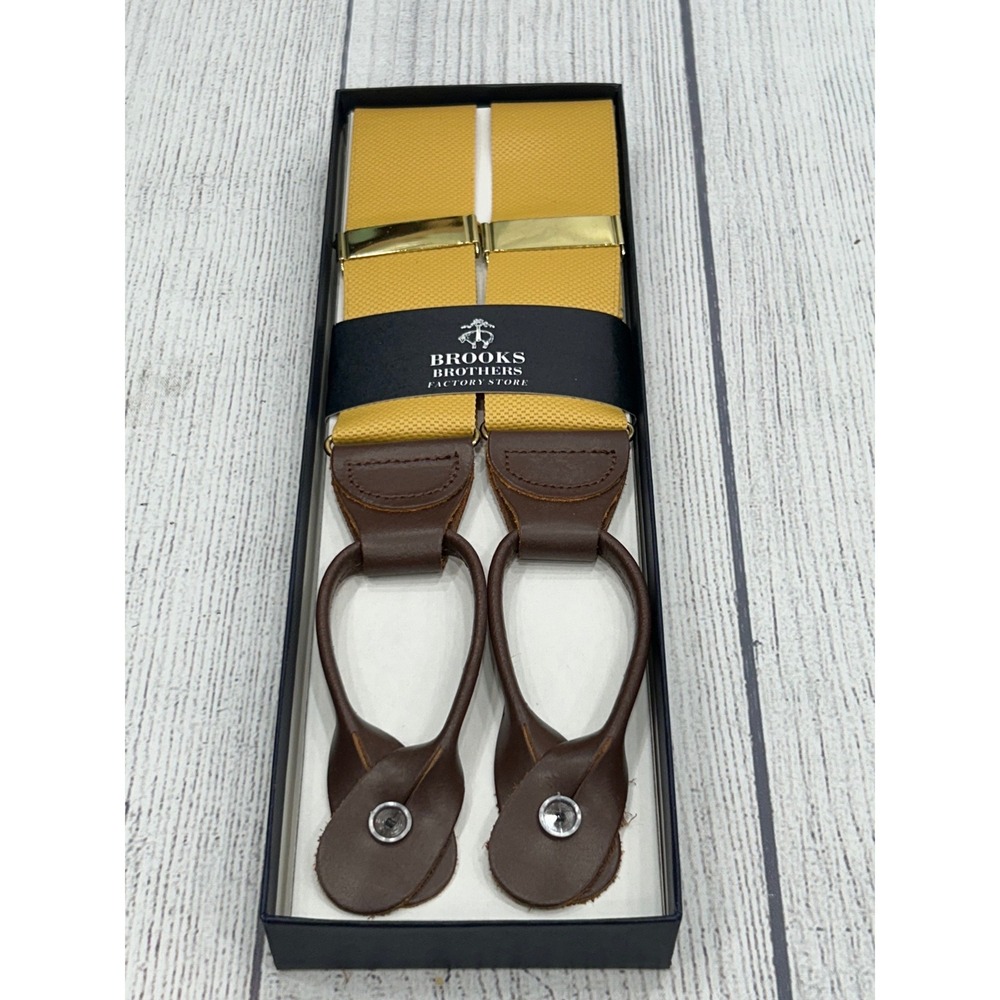 NEW Brooks Brothers Suspenders Braces Yellow Tan Brown Leather